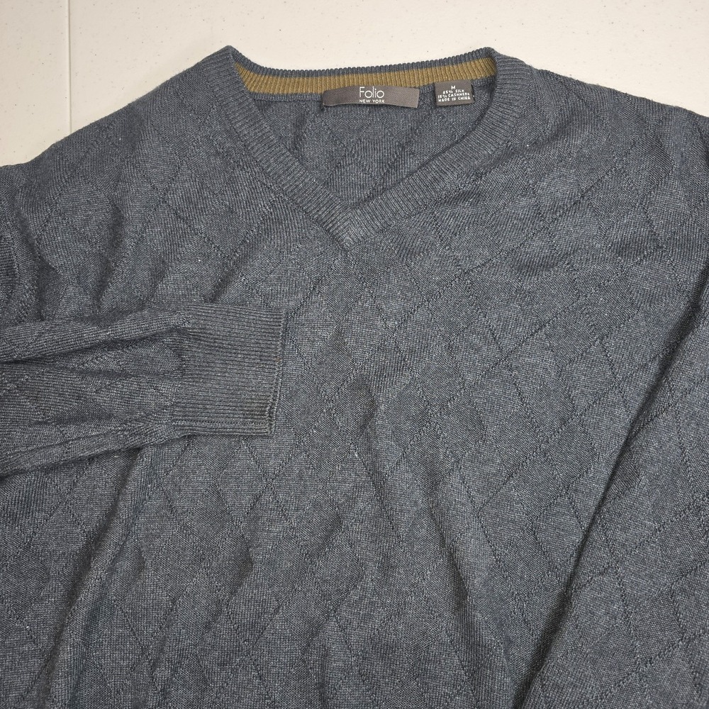 FOLIO Men's Silk Cashmere Medium Blue Gray Sweater Geometric Print -2041